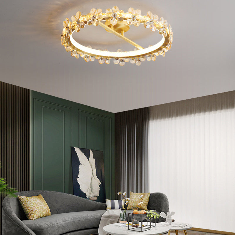 Contemporary Creative Floral Round Circle Copper Crystal LED Semi-Flush Mount Ceiling Light For Bedroom