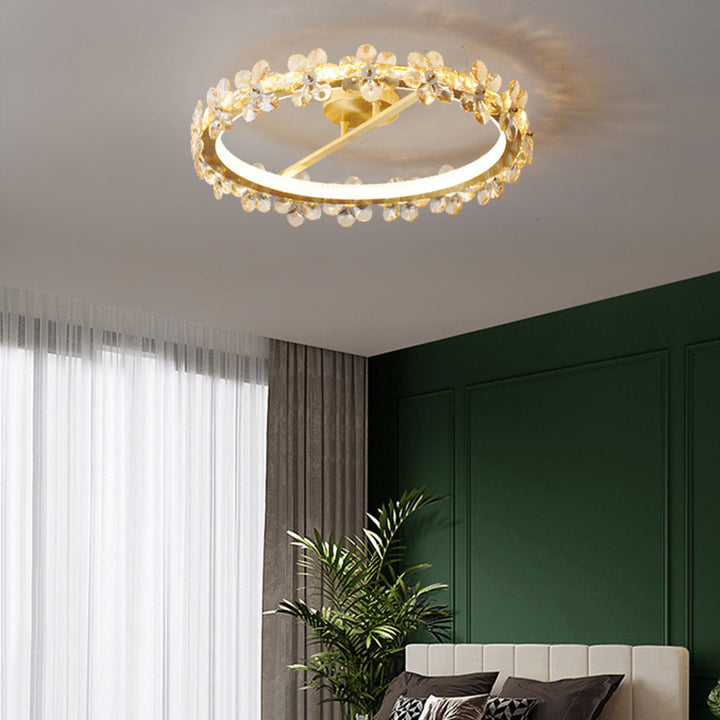 Contemporary Creative Floral Round Circle Iron Crystal LED Semi-Flush Mount Ceiling Light For Bedroom