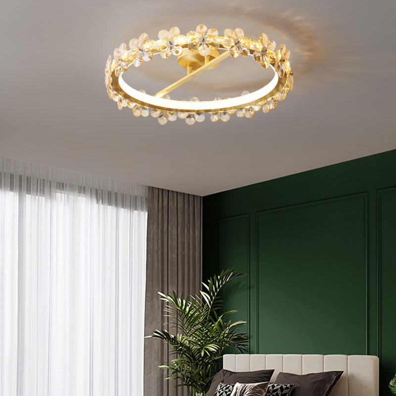 Contemporary Creative Floral Round Circle Copper Crystal LED Semi-Flush Mount Ceiling Light For Bedroom