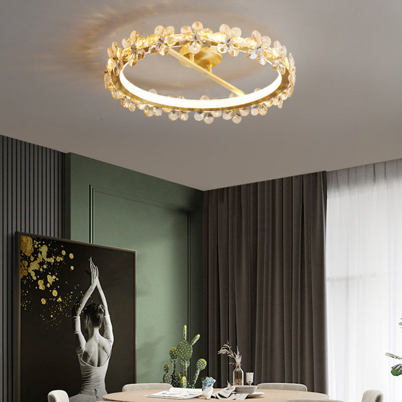 Contemporary Creative Floral Round Circle Copper Crystal LED Semi-Flush Mount Ceiling Light For Bedroom