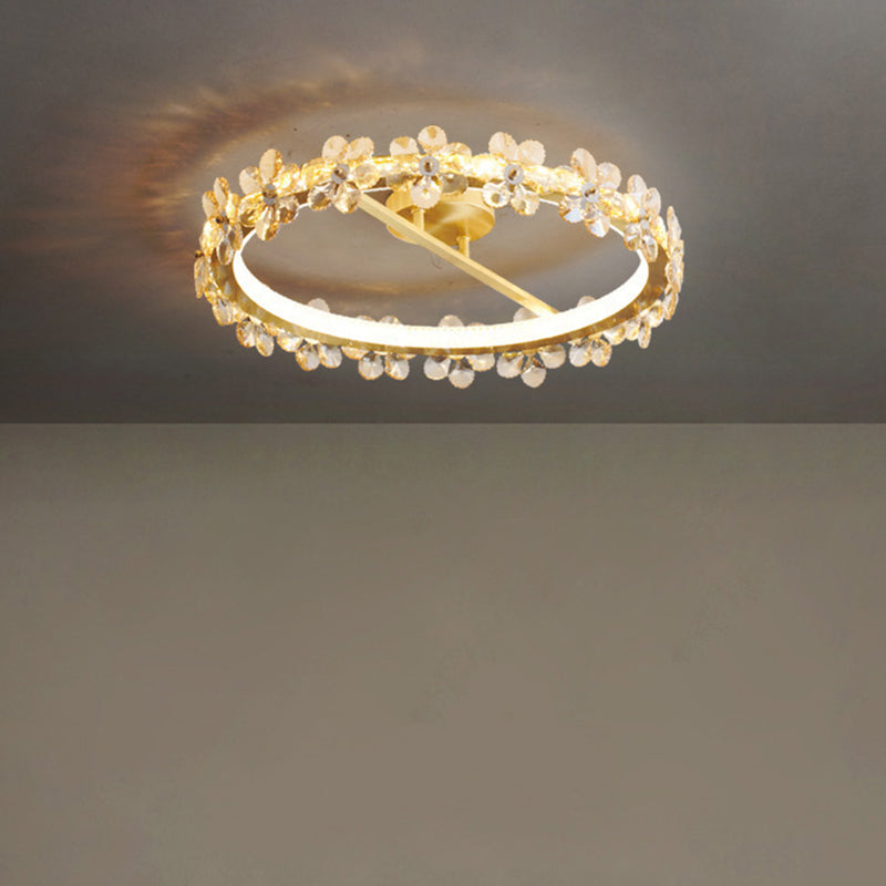 Contemporary Creative Floral Round Circle Copper Crystal LED Semi-Flush Mount Ceiling Light For Bedroom