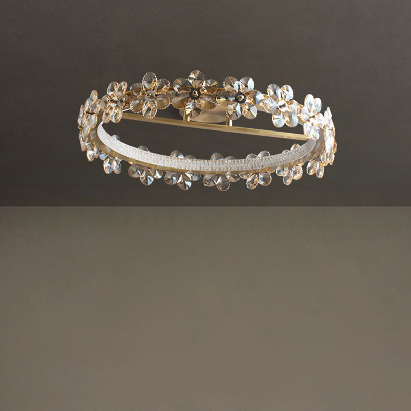 Contemporary Creative Floral Round Circle Copper Crystal LED Semi-Flush Mount Ceiling Light For Bedroom
