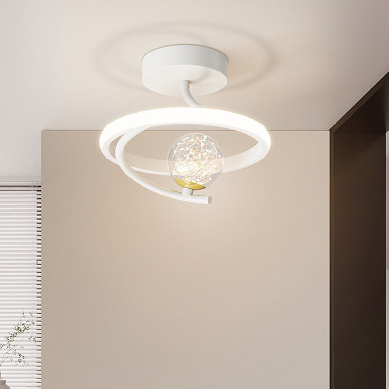 Contemporary Creative Round Orb Curve Iron Silicone Glass Acrylic LED Semi-Flush Mount Ceiling Light For Hallway