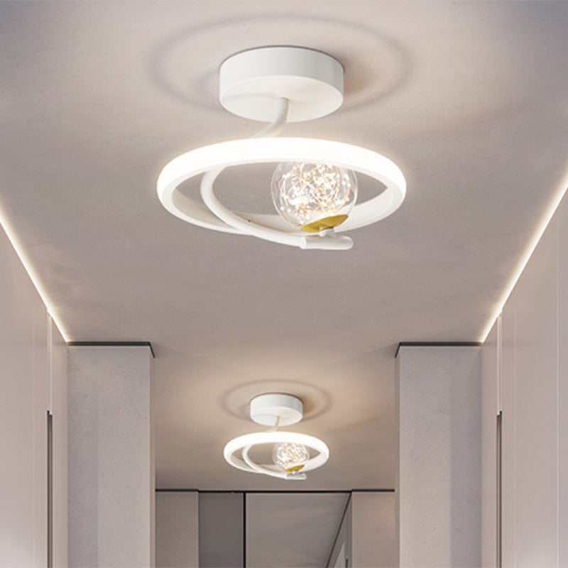 Contemporary Creative Round Orb Curve Iron Silicone Glass Acrylic LED Semi-Flush Mount Ceiling Light For Hallway