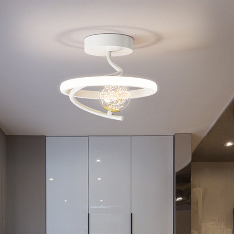 Contemporary Creative Round Orb Curve Iron Silicone Glass Acrylic LED Semi-Flush Mount Ceiling Light For Hallway