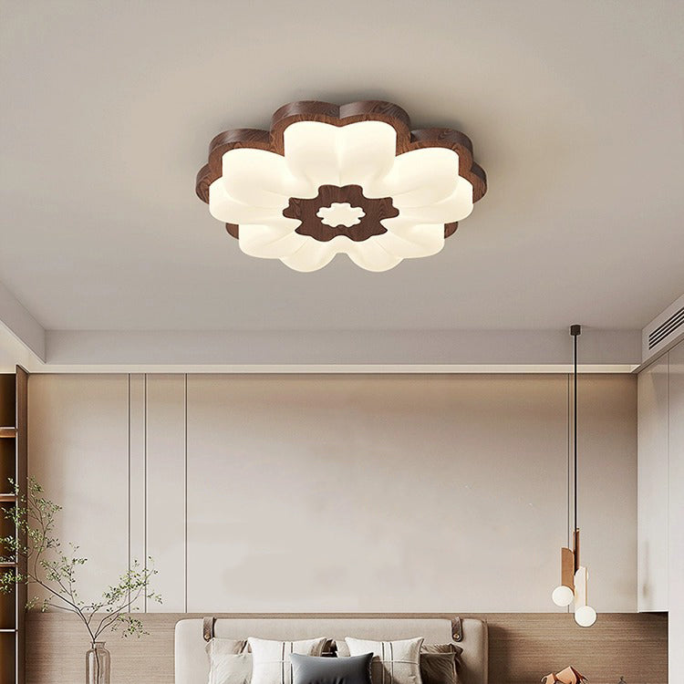 Contemporary Creative Flower Shape PE Rubberwood LED Flush Mount Ceiling Light For Bedroom