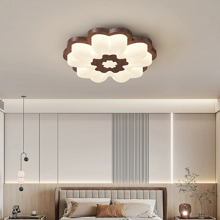 Contemporary Creative Flower Shape PE Rubberwood LED Flush Mount Ceiling Light For Bedroom