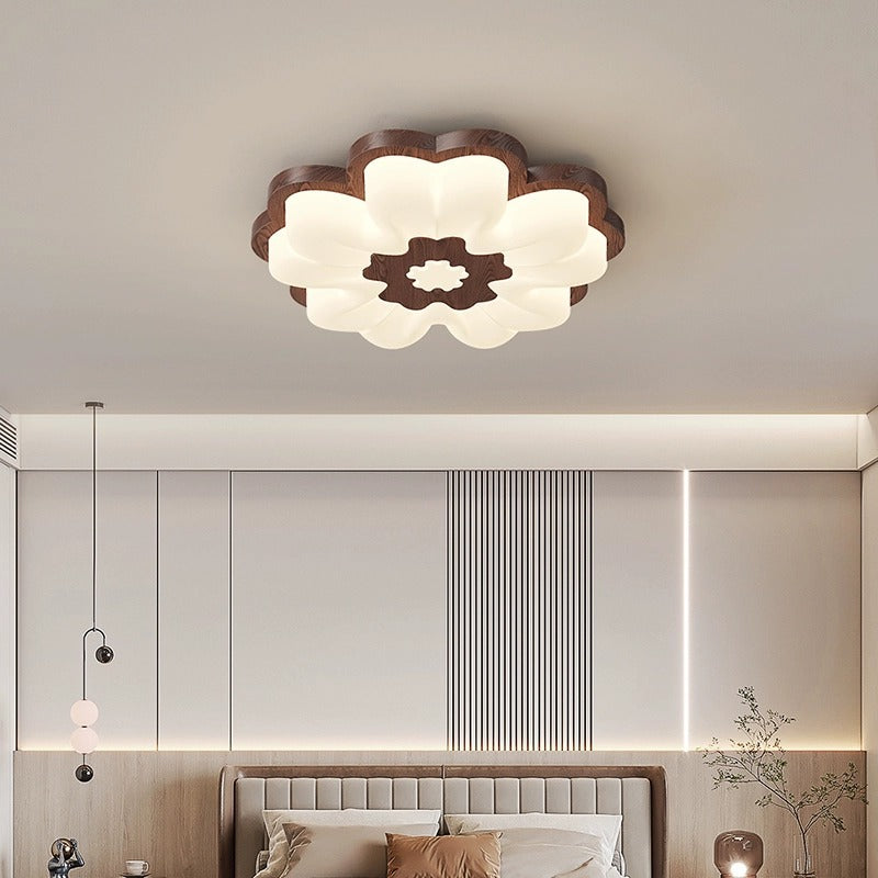Contemporary Creative Flower Shape PE Rubberwood LED Flush Mount Ceiling Light For Bedroom
