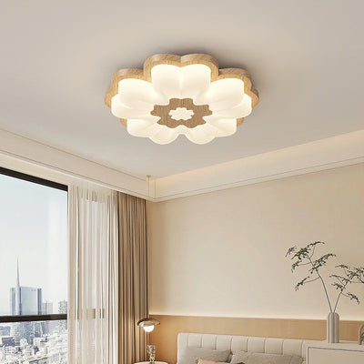 Contemporary Creative Flower Shape PE Rubberwood LED Flush Mount Ceiling Light For Bedroom