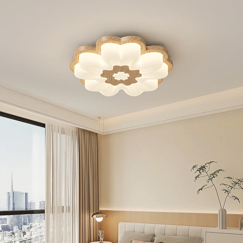 Contemporary Creative Flower Shape PE Rubberwood LED Flush Mount Ceiling Light For Bedroom