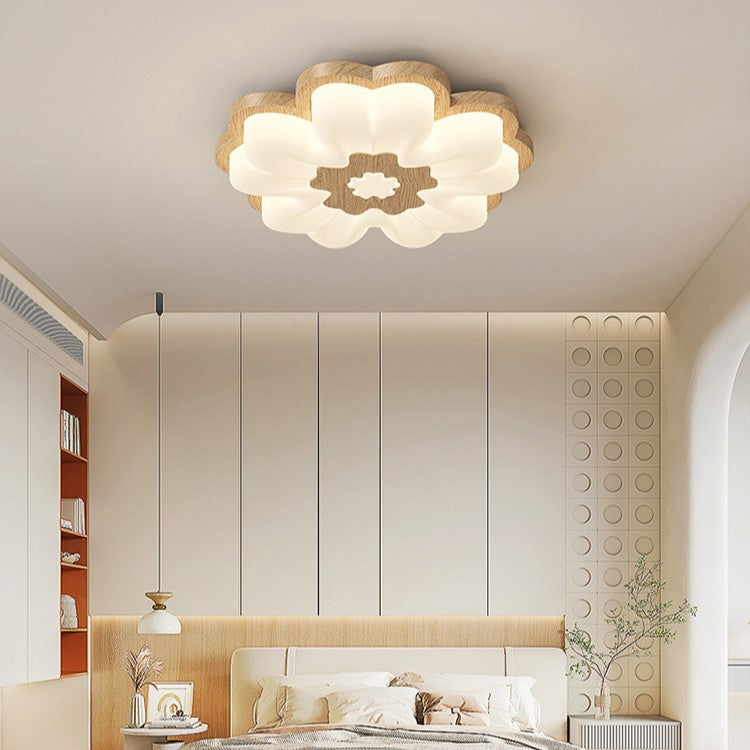 Contemporary Creative Flower Shape PE Rubberwood LED Flush Mount Ceiling Light For Bedroom