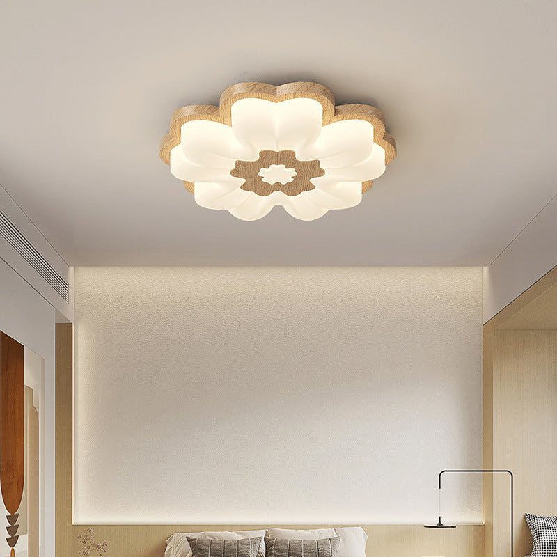 Contemporary Creative Flower Shape PE Rubberwood LED Flush Mount Ceiling Light For Bedroom