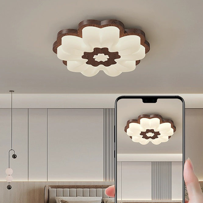 Contemporary Creative Flower Shape PE Rubberwood LED Flush Mount Ceiling Light For Bedroom