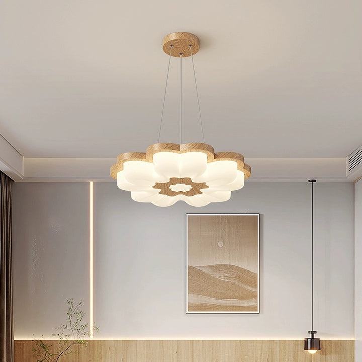 Contemporary Creative Flower Shape PE Rubberwood LED Chandelier For Bedroom