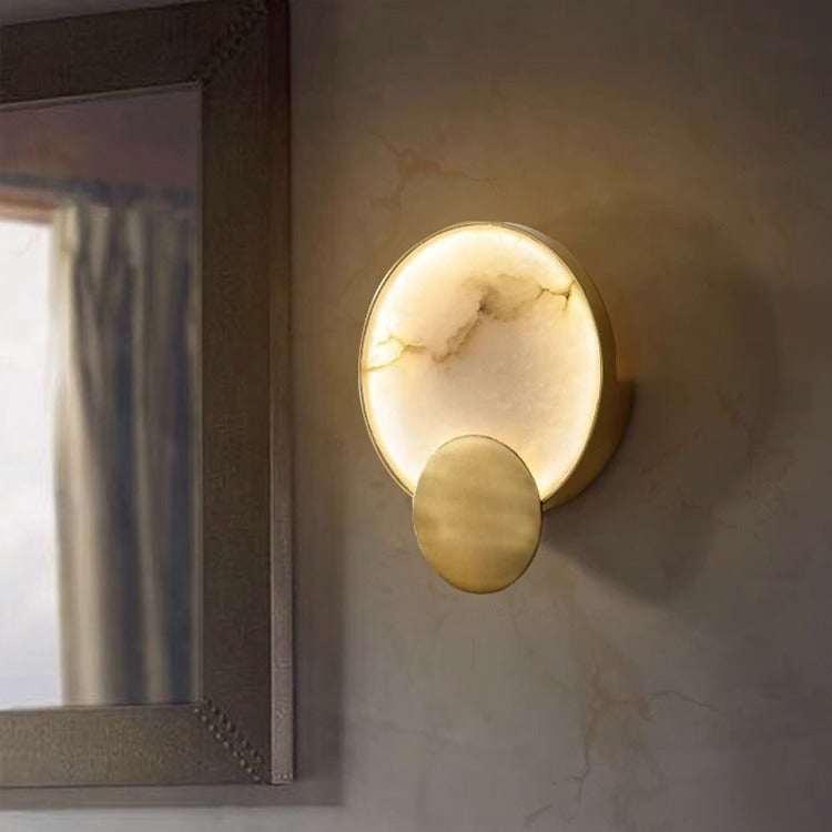 Contemporary Nordic Round Hardware Marble LED Wall Sconce Lamp For Bedroom
