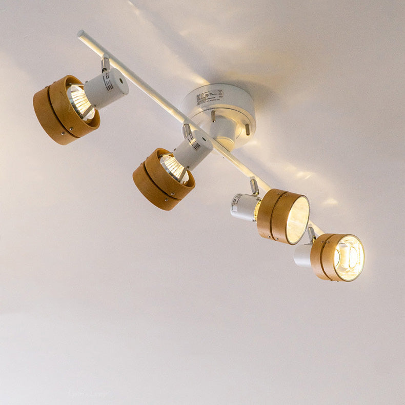 Zeitgenössisches Nordisches Zylinder Lineares Eisen Holz Spotlight 4-Licht Semi-Flush Mount Deckenleuchte Für Wohnzimmer 