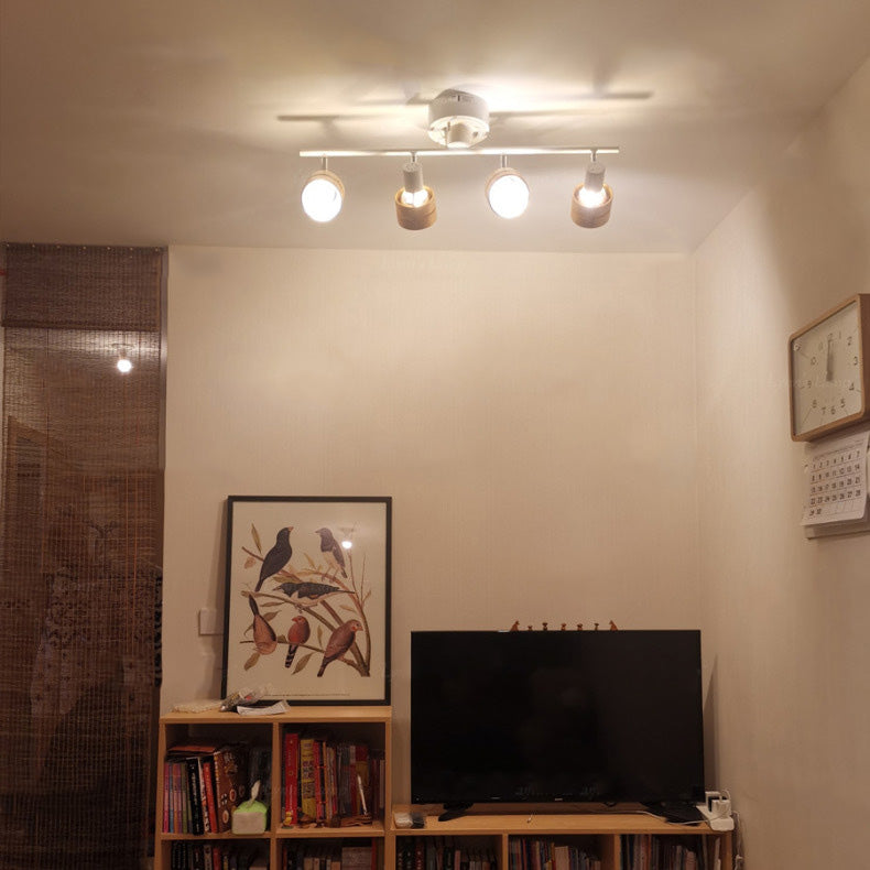 Zeitgenössisches Nordisches Zylinder Lineares Eisen Holz Spotlight 4-Licht Semi-Flush Mount Deckenleuchte Für Wohnzimmer 
