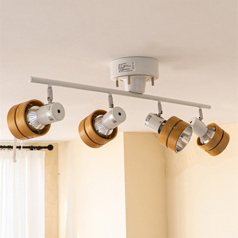 Zeitgenössisches Nordisches Zylinder Lineares Eisen Holz Spotlight 4-Licht Semi-Flush Mount Deckenleuchte Für Wohnzimmer 