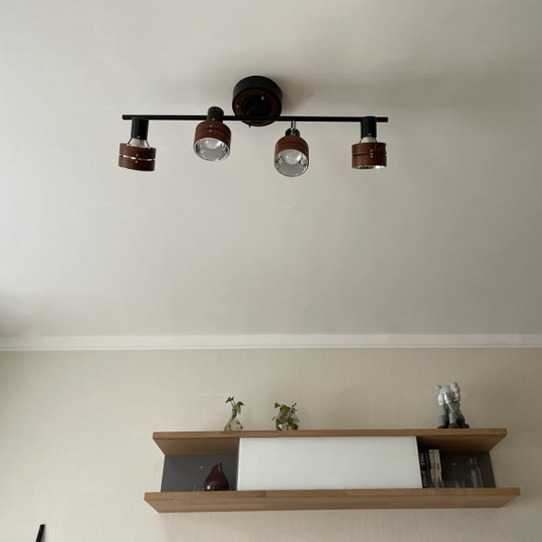 Zeitgenössisches Nordisches Zylinder Lineares Eisen Holz Spotlight 4-Licht Semi-Flush Mount Deckenleuchte Für Wohnzimmer 