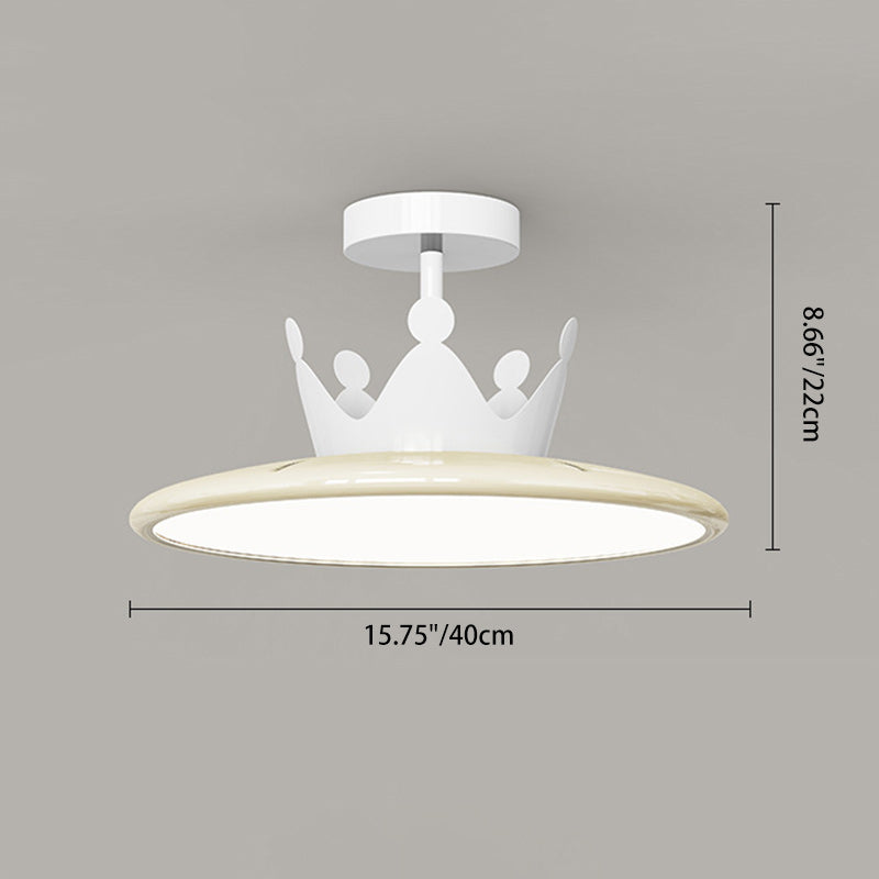 Contemporary Nordic Cream Crown Round Iron LED Semi-Flush Mount Ceiling Light For Bedroom