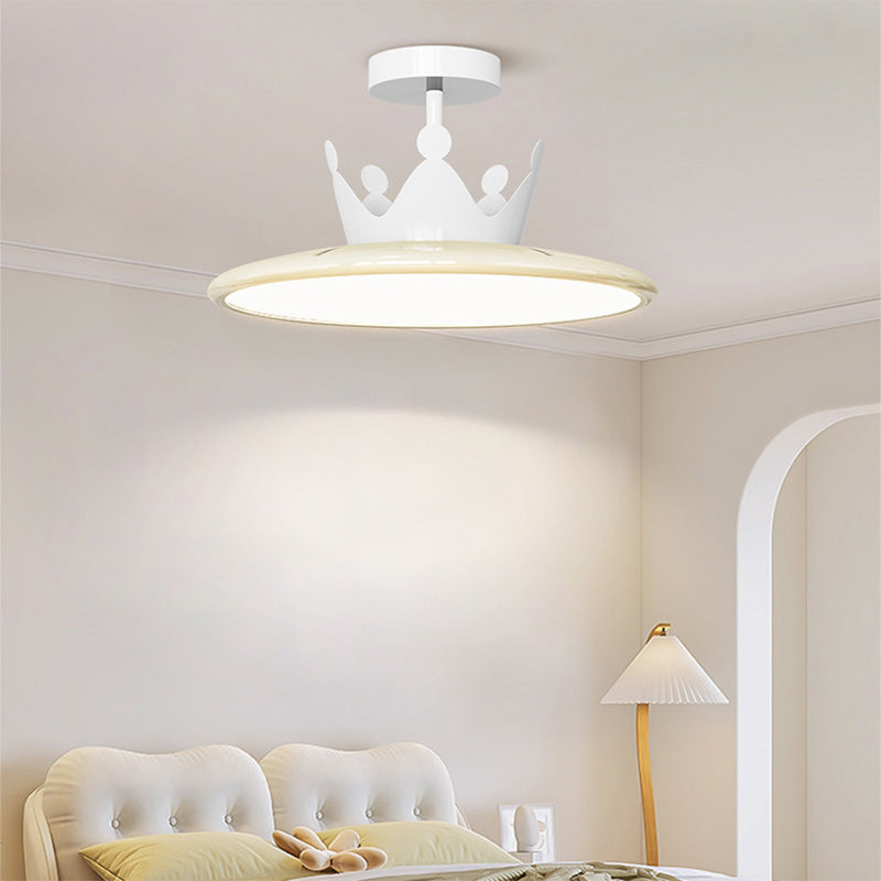 Contemporary Nordic Cream Crown Round Iron LED Semi-Flush Mount Ceiling Light For Bedroom