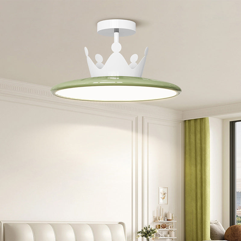 Contemporary Nordic Cream Crown Round Iron LED Semi-Flush Mount Ceiling Light For Bedroom