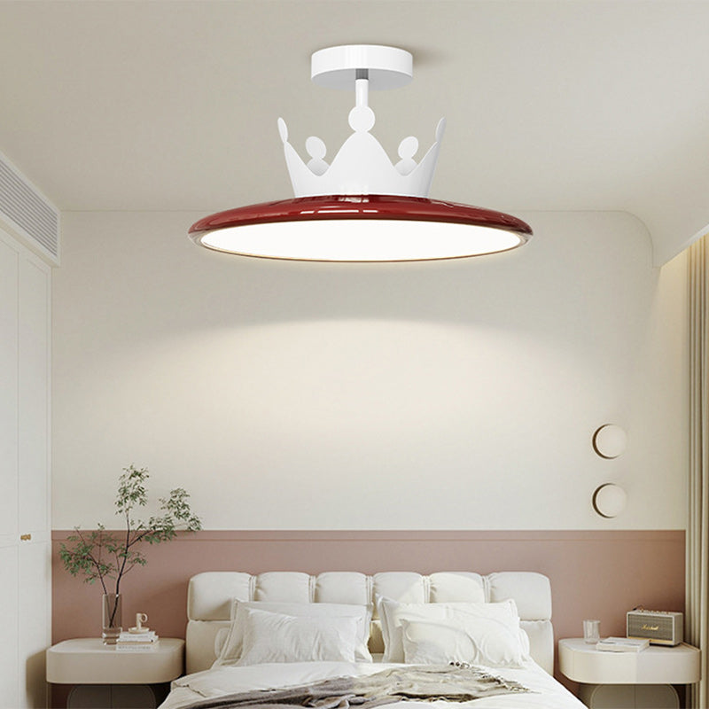 Contemporary Nordic Cream Crown Round Iron LED Semi-Flush Mount Ceiling Light For Bedroom