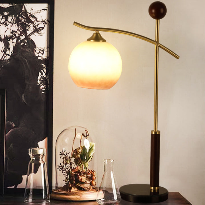 Lampe de table contemporaine nordique à cône plissé rond en bois de caoutchouc, marbre, cuivre, verre et PVC à 1 lumière pour chambre à coucher 