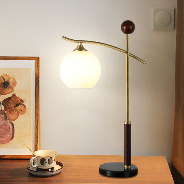Lampe de table contemporaine nordique à cône plissé rond en bois de caoutchouc, marbre, cuivre, verre et PVC à 1 lumière pour chambre à coucher 