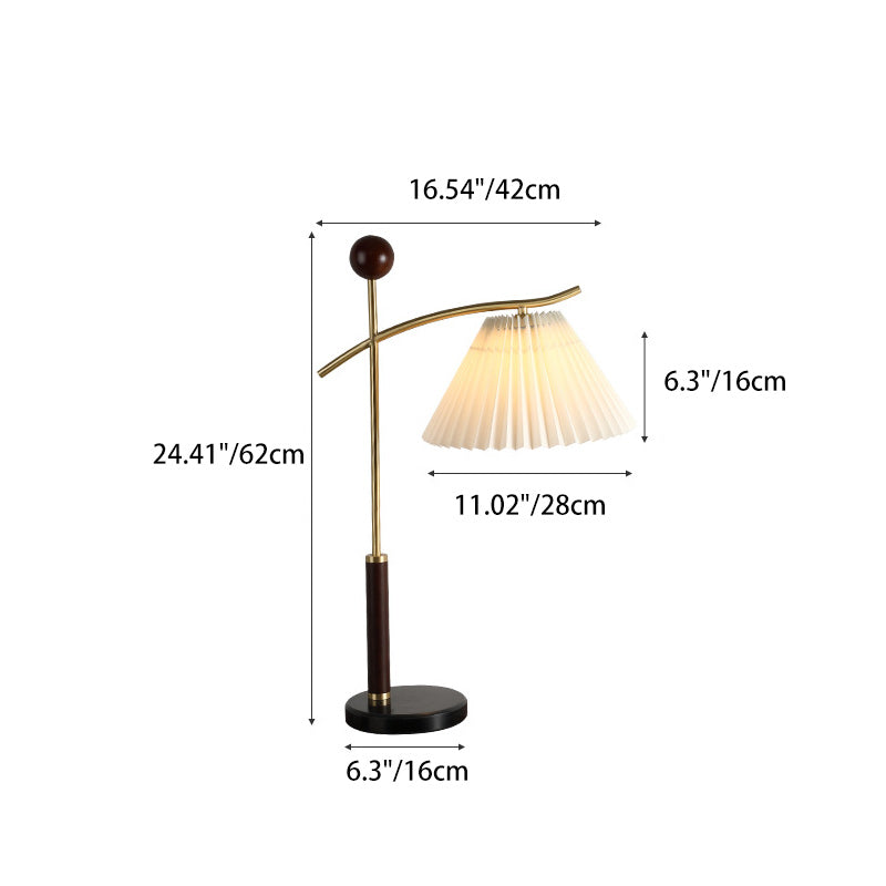 Lampe de table contemporaine nordique à cône plissé rond en bois de caoutchouc, marbre, cuivre, verre et PVC à 1 lumière pour chambre à coucher 