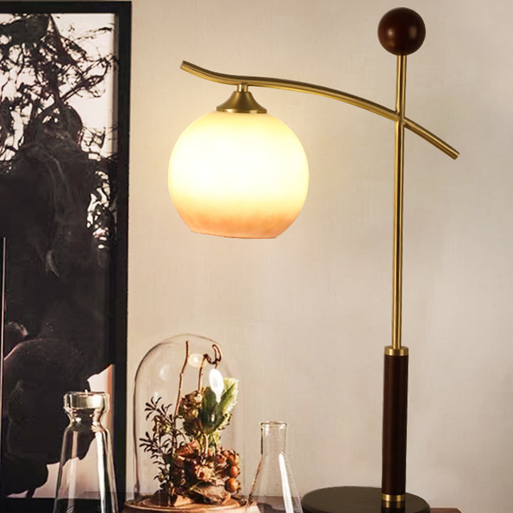 Lampe de table contemporaine nordique à cône plissé rond en bois de caoutchouc, marbre, cuivre, verre et PVC à 1 lumière pour chambre à coucher 