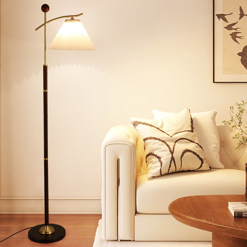 Contemporary Nordic Round Cone Pleated Rubberwood Copper Marble Glass PVC 1-Light Standing Floor Lamp For Living Room