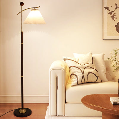 Contemporary Nordic Round Cone Pleated Rubberwood Copper Marble Glass PVC 1-Light Standing Floor Lamp For Living Room