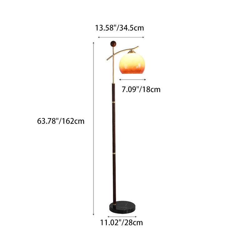 Contemporary Nordic Round Cone Pleated Rubberwood Copper Marble Glass PVC 1-Light Standing Floor Lamp For Living Room