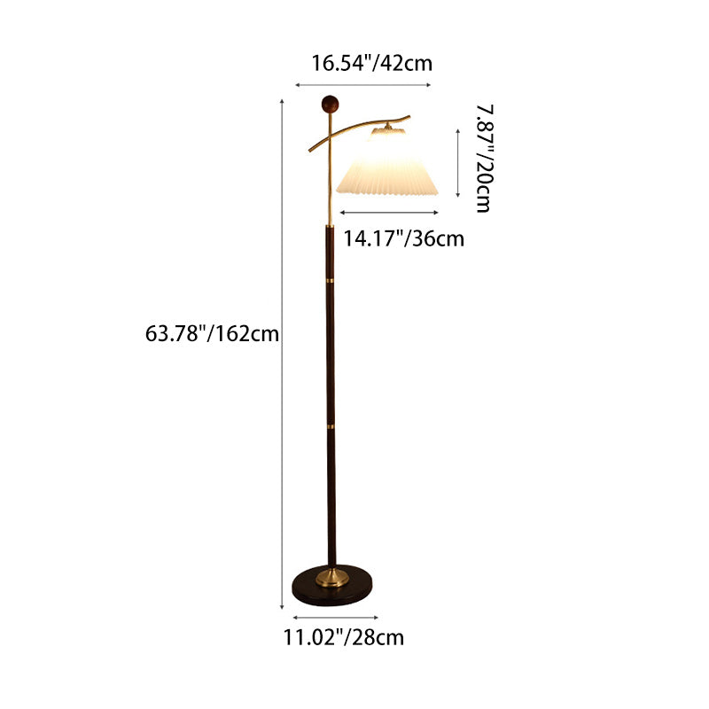 Contemporary Nordic Round Cone Pleated Rubberwood Copper Marble Glass PVC 1-Light Standing Floor Lamp For Living Room