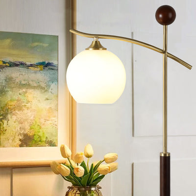 Contemporary Nordic Round Cone Pleated Rubberwood Copper Marble Glass PVC 1-Light Standing Floor Lamp For Living Room