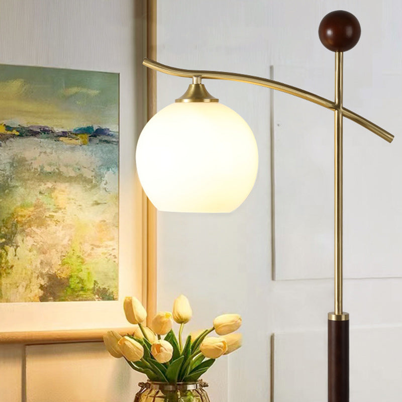 Contemporary Nordic Round Cone Pleated Rubberwood Copper Marble Glass PVC 1-Light Standing Floor Lamp For Living Room