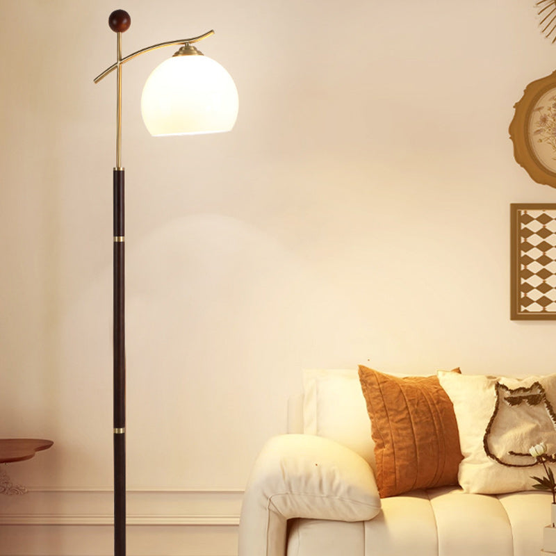 Contemporary Nordic Round Cone Pleated Rubberwood Copper Marble Glass PVC 1-Light Standing Floor Lamp For Living Room