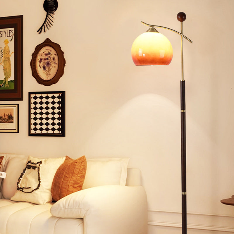 Contemporary Nordic Round Cone Pleated Rubberwood Copper Marble Glass PVC 1-Light Standing Floor Lamp For Living Room