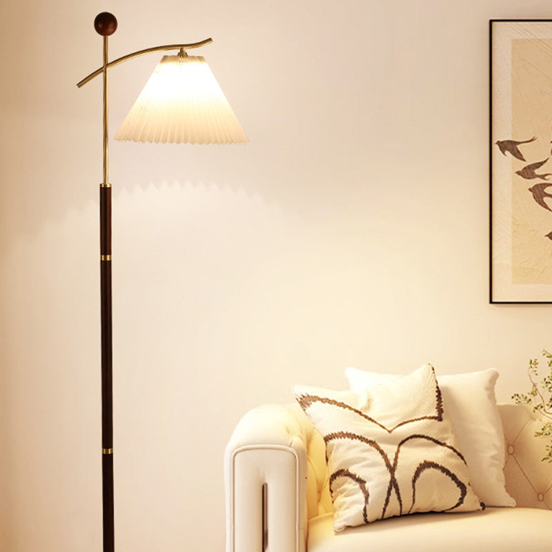 Contemporary Nordic Round Cone Pleated Rubberwood Copper Marble Glass PVC 1-Light Standing Floor Lamp For Living Room