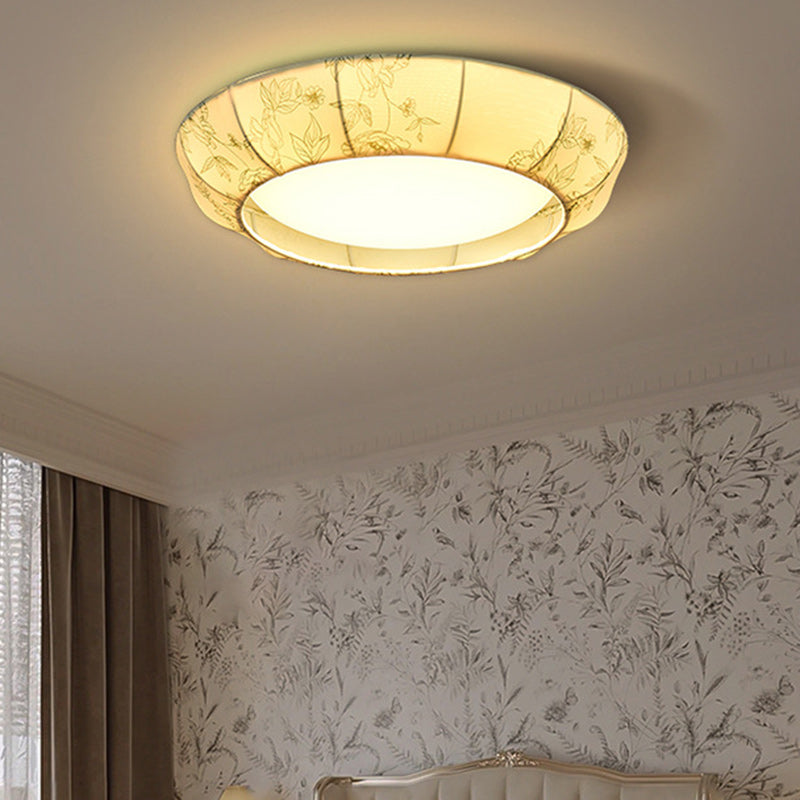 Traditional French Print Bowl Shape Round Iron Fabric LED Flush Mount Ceiling Light For Bedroom