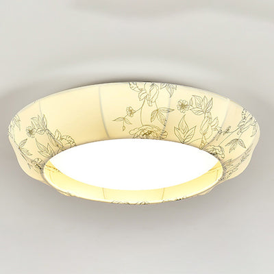Traditional French Print Bowl Shape Round Iron Fabric LED Flush Mount Ceiling Light For Bedroom