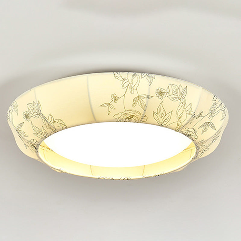 Traditional French Print Bowl Shape Round Iron Fabric LED Flush Mount Ceiling Light For Bedroom