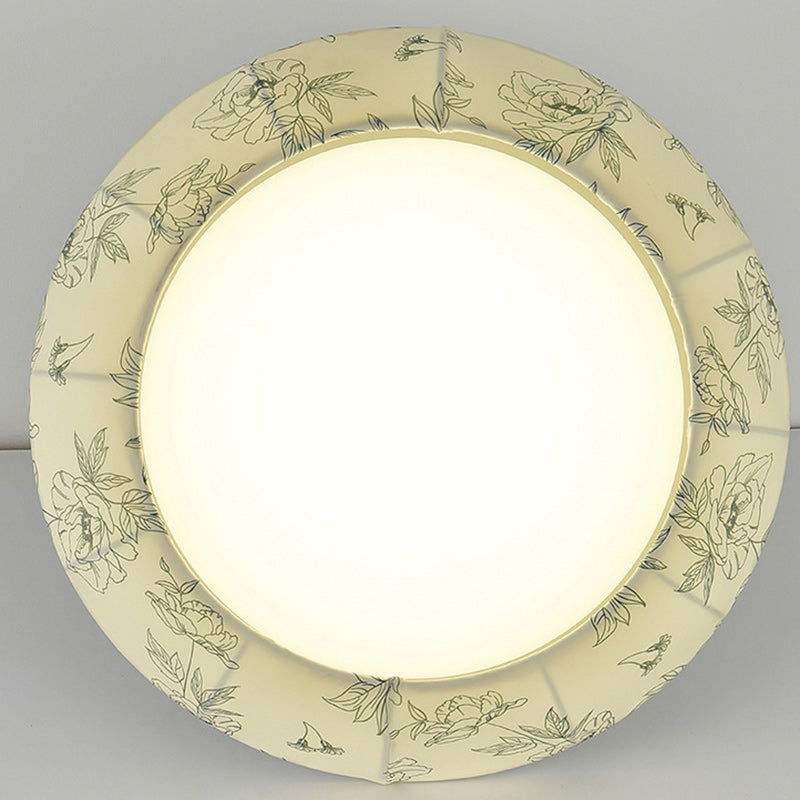 Traditional French Print Bowl Shape Round Iron Fabric LED Flush Mount Ceiling Light For Bedroom