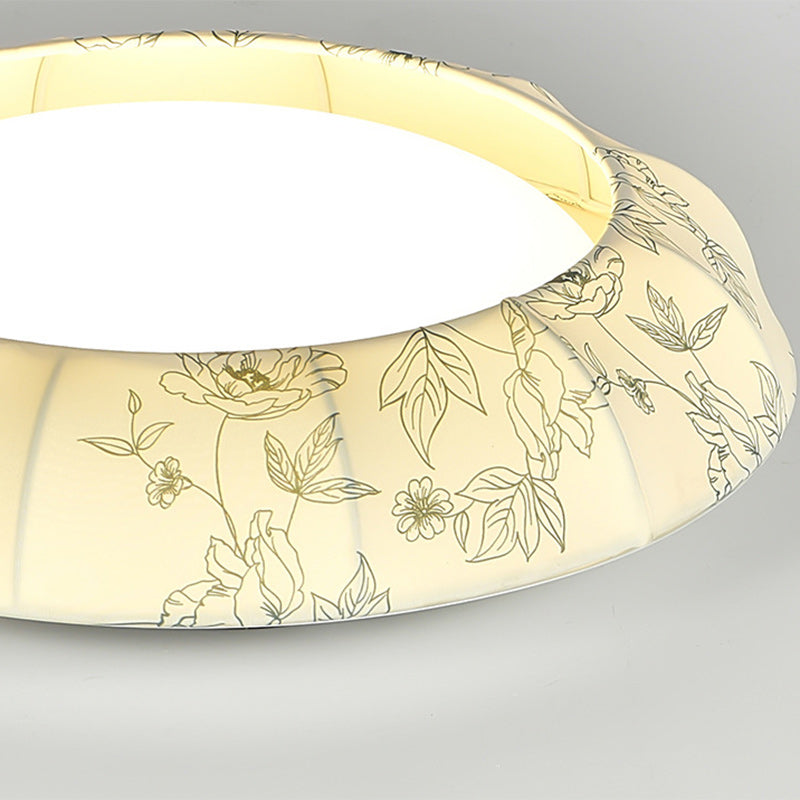 Traditional French Print Bowl Shape Round Iron Fabric LED Flush Mount Ceiling Light For Bedroom