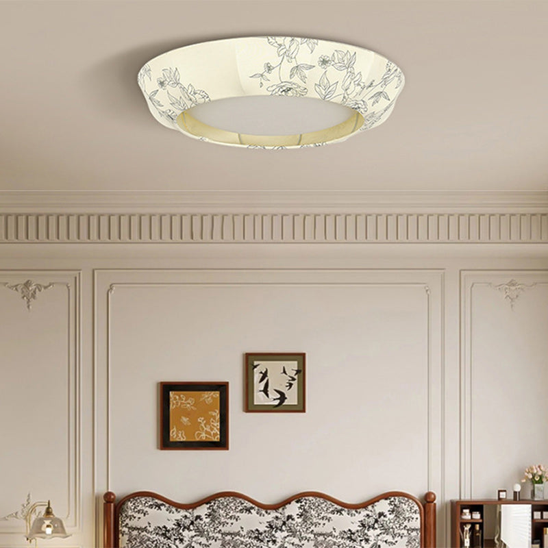 Traditional French Print Bowl Shape Round Iron Fabric LED Flush Mount Ceiling Light For Bedroom