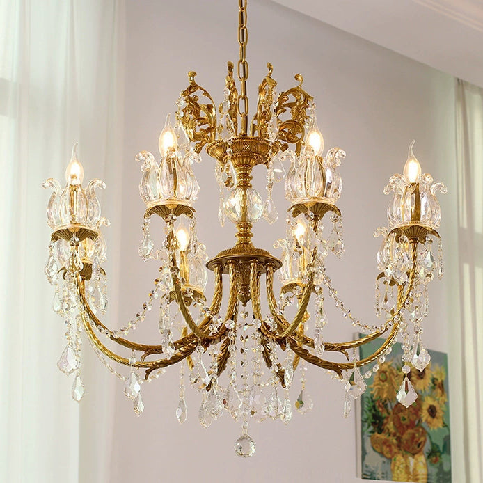 Traditional French Branch Curved Copper Crystal 6/8 Light Chandelier For Living Room