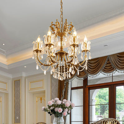 Traditional French Branch Curved Copper Crystal 6/8 Light Chandelier For Living Room