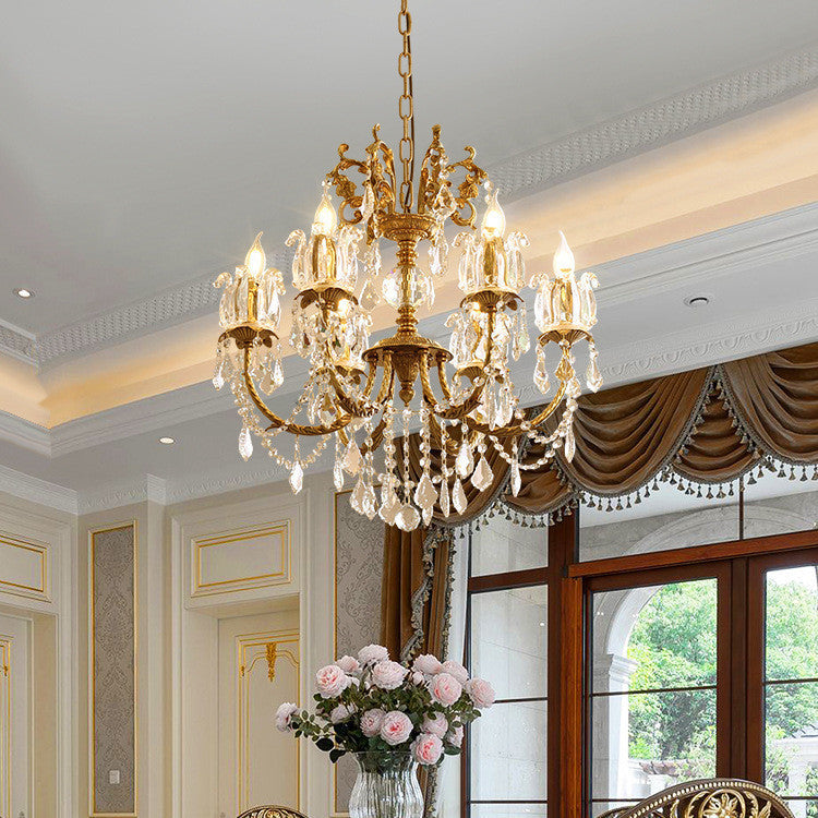 Traditional French Branch Curved Copper Crystal 6/8 Light Chandelier For Living Room