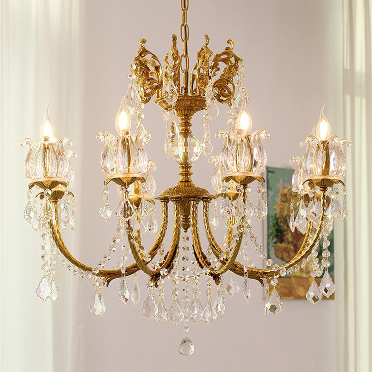 Traditional French Branch Curved Copper Crystal 6/8 Light Chandelier For Living Room